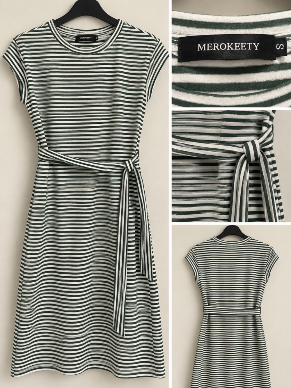 MEROKEETY Hunter Green White Striped Tie Waist T-Shirt Dress Size S